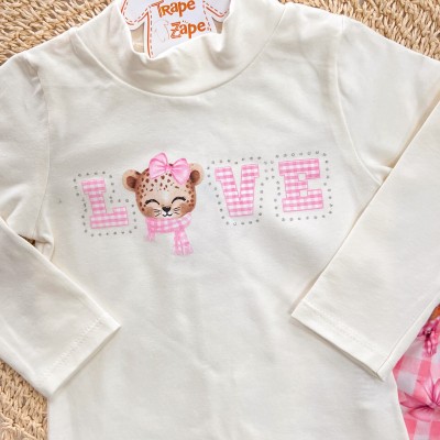 Conj. Blusa Manga Longa Oncinha Love e Calça Xadrez - Off White e Rosa